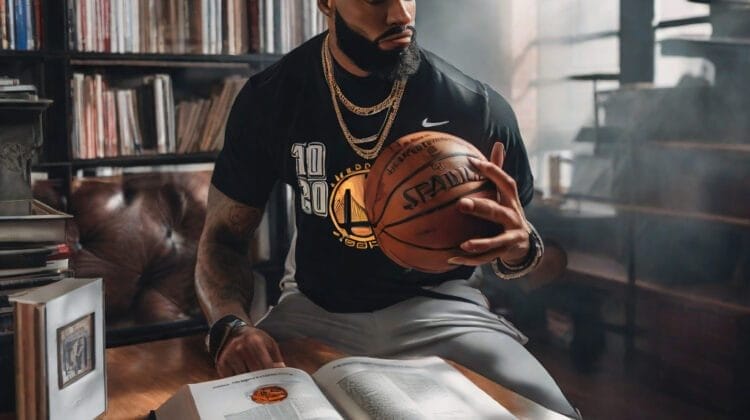 A bearded man in a sports jersey sits in a library, holding a basketball and looking at an open book about NBA games on the table. Shelves of books and a window are in the background.