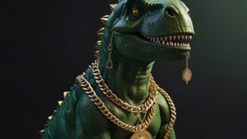 A green dinosaur, draped in gold chains and earrings with coins, looks ready to tackle NFL debates as it stands against a dark background.
