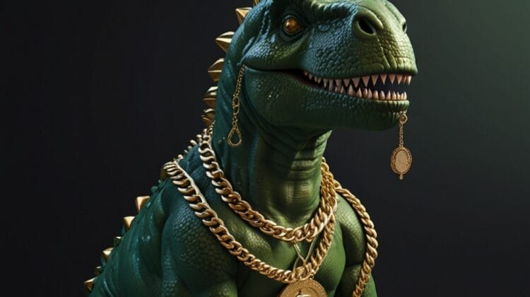 A green dinosaur, draped in gold chains and earrings with coins, looks ready to tackle NFL debates as it stands against a dark background.