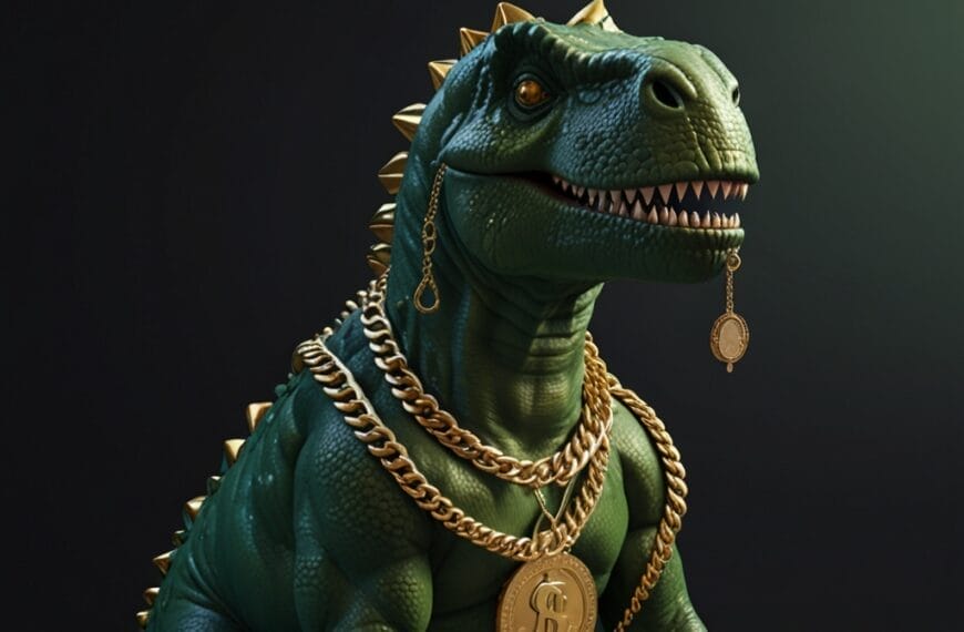 A green dinosaur, draped in gold chains and earrings with coins, looks ready to tackle NFL debates as it stands against a dark background.