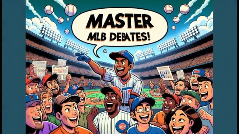 Illustration of a diverse group of animated people excitedly discussing baseball at a stadium, surrounded by text bubbles with baseballs labeled "MLB debates!