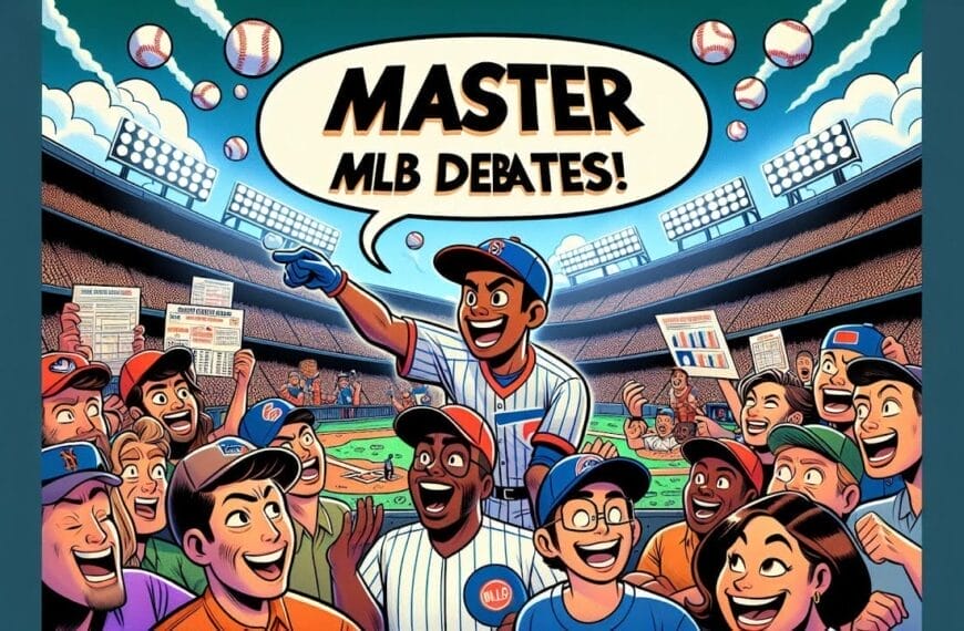 Illustration of a diverse group of animated people excitedly discussing baseball at a stadium, surrounded by text bubbles with baseballs labeled "MLB debates!