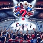 A packed hockey arena with fans in NHL team jerseys cheers as players face off on the ice. Above, a thought bubble with a big red question mark shows cartoon fans struggling to pick teams. The VDG Sports logo is in the top left corner.