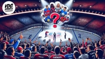 A packed hockey arena with fans in NHL team jerseys cheers as players face off on the ice. Above, a thought bubble with a big red question mark shows cartoon fans struggling to pick teams. The VDG Sports logo is in the top left corner.
