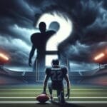A football player wearing jersey number 22 kneels on a field at night, holding a football. Dramatic clouds above form a giant question mark and silhouette, symbolizing the USFL's future. Stadium lights illuminate empty stands; "VDG Sports" logo is top left.