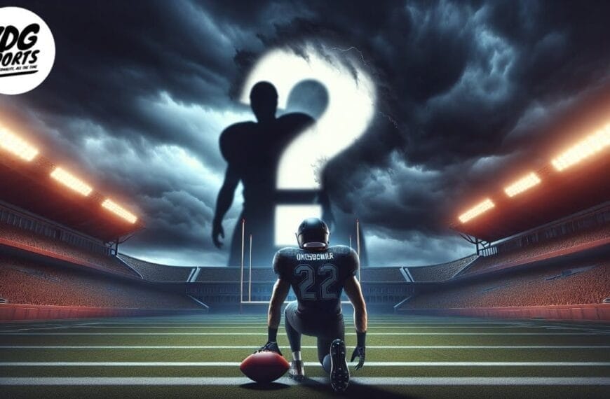 A football player wearing jersey number 22 kneels on a field at night, holding a football. Dramatic clouds above form a giant question mark and silhouette, symbolizing the USFL's future. Stadium lights illuminate empty stands; "VDG Sports" logo is top left.