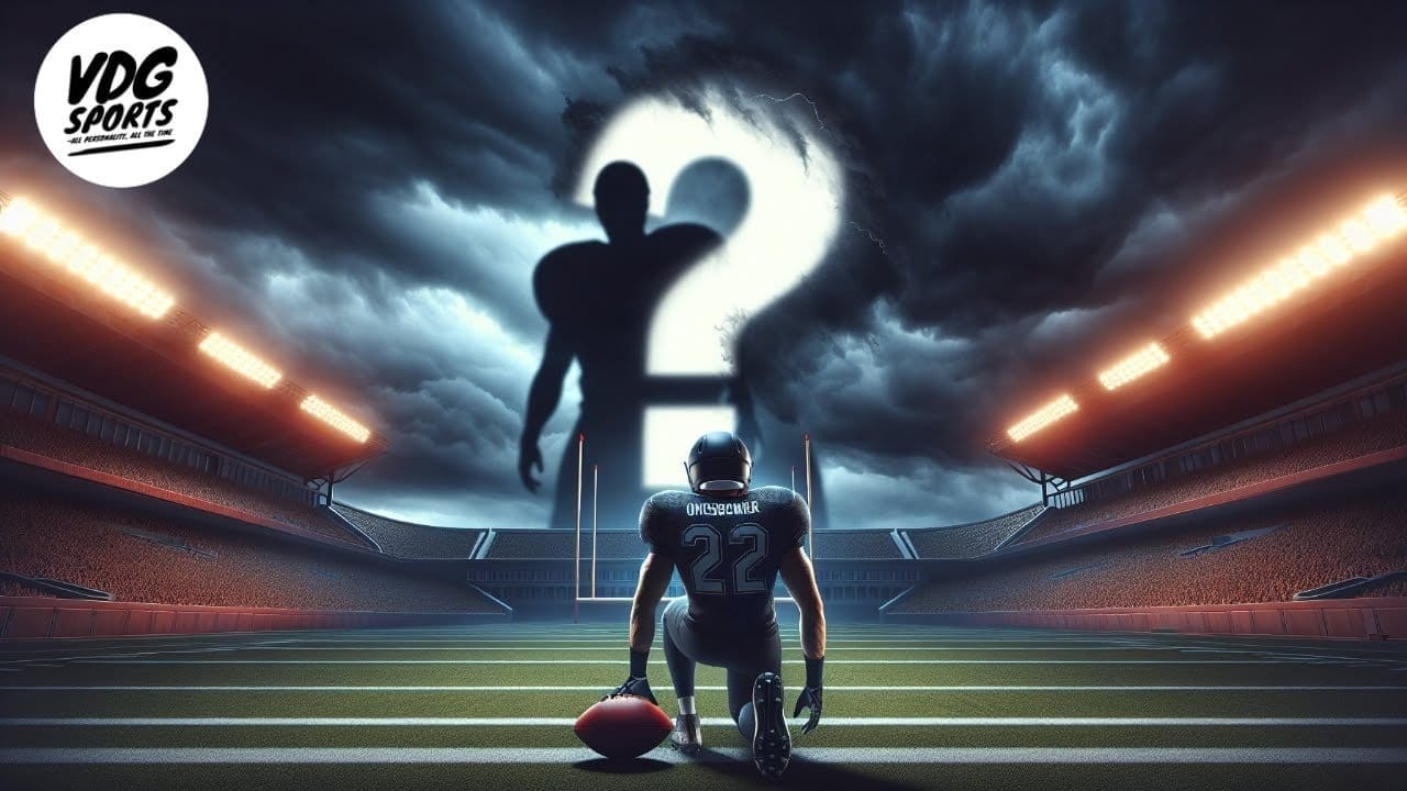 A football player wearing jersey number 22 kneels on a field at night, holding a football. Dramatic clouds above form a giant question mark and silhouette, symbolizing the USFL's future. Stadium lights illuminate empty stands; "VDG Sports" logo is top left.