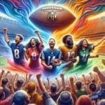 A vibrant stadium scene shows five excited fans in colorful NFL team jerseys cheering as bright, swirling energy streams rise toward a giant football overhead. A lively crowd fills the stands, and the VDG Sports logo appears in the top left corner.