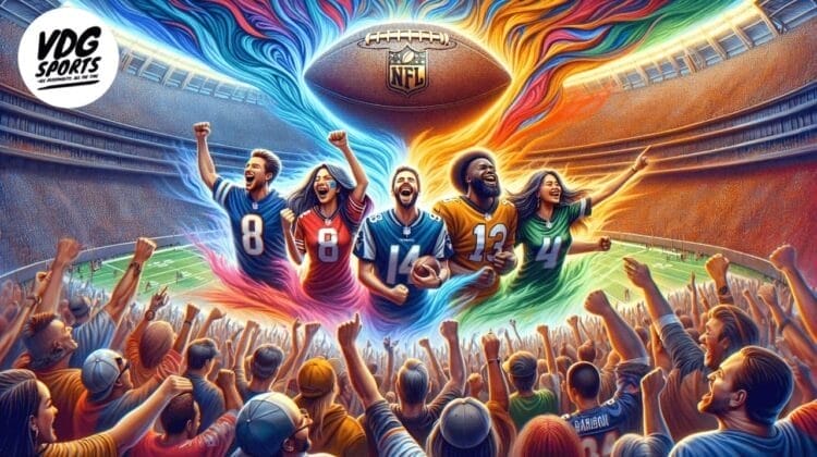 A vibrant stadium scene shows five excited fans in colorful NFL team jerseys cheering as bright, swirling energy streams rise toward a giant football overhead. A lively crowd fills the stands, and the VDG Sports logo appears in the top left corner.
