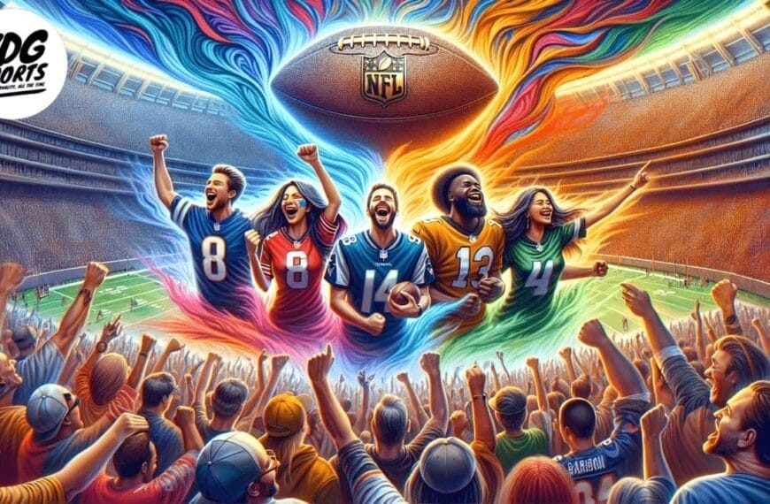 A vibrant stadium scene shows five excited fans in colorful NFL team jerseys cheering as bright, swirling energy streams rise toward a giant football overhead. A lively crowd fills the stands, and the VDG Sports logo appears in the top left corner.