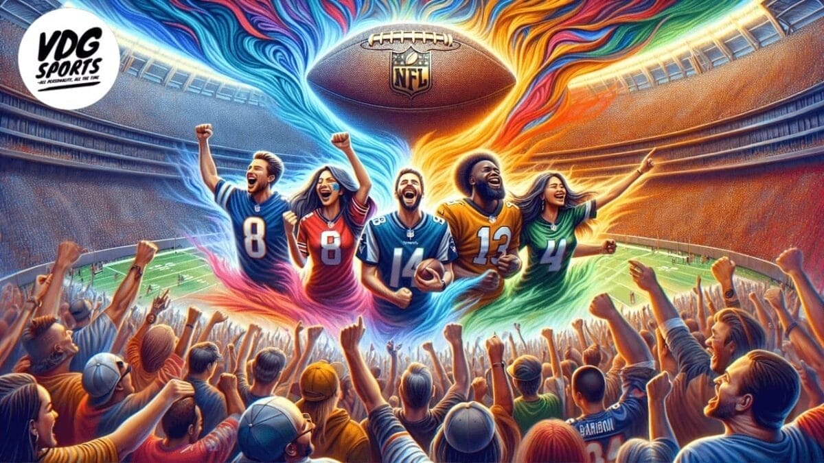 A vibrant stadium scene shows five excited fans in colorful NFL team jerseys cheering as bright, swirling energy streams rise toward a giant football overhead. A lively crowd fills the stands, and the VDG Sports logo appears in the top left corner.