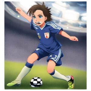 An anime-style soccer player in a blue uniform is sprinting across the field with a ball, ready to ignite the football debate with his impressive skills.