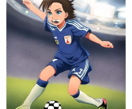 An anime-style soccer player in a blue uniform is sprinting across the field with a ball, ready to ignite the football debate with his impressive skills.