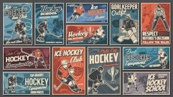 Vintage-style ice hockey posters featuring players, equipment, and motivational phrases in various colors, capturing the spirit of the NHL rulebook's storied history.