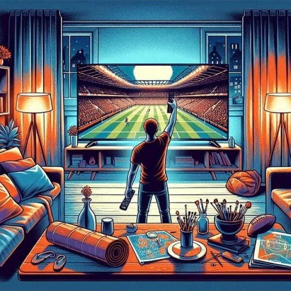 A person stands in a living room holding a remote control, watching European football on a large TV displaying a vibrant soccer stadium. The room features a cozy sofa, bookshelves, sports equipment, and art supplies. Warm lighting enhances the city views visible through the windows.