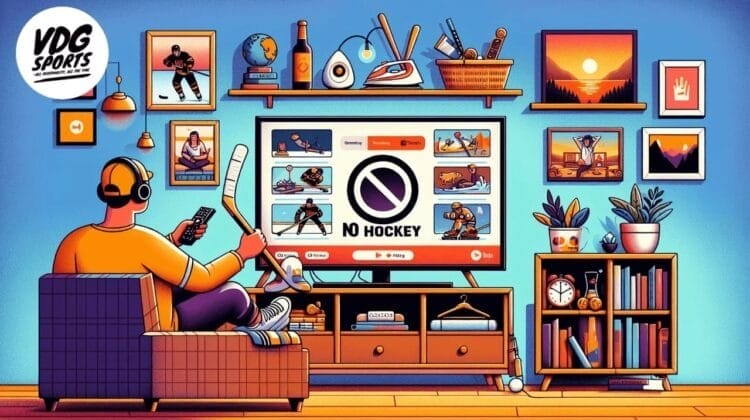 In a cozy living room, an individual wearing headphones sits on the couch, using a remote to browse a hockey streaming service on a large TV. The screen displays "No Hockey," but they seem uninterested in hockey. The walls are adorned with posters and decor, including sports and nature themes.