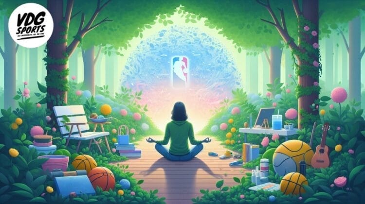 A person sits cross-legged on a wooden path in a colorful forest, facing an illuminated basketball logo. Surrounding them are sports equipment, notebooks, a bench, and a guitar—capturing the essence beyond the NBA. Bright flowers and greenery add to the vibrant scene.