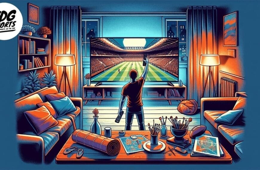 Illustration of a person in a living room watching a US soccer match on a large television. The person stands with a remote in one hand and a drink in the other. The room is filled with sofas, shelves, art supplies, and sports equipment, reflecting their passion for understanding US soccer.
