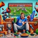 A man in a football jersey sits on a couch surrounded by snacks, drinks, and sports memorabilia, with the NFL rulebook open beside him. A football game is on the large TV before him. The room is cluttered with fan items and food, capturing a lively and chaotic game-watching atmosphere.