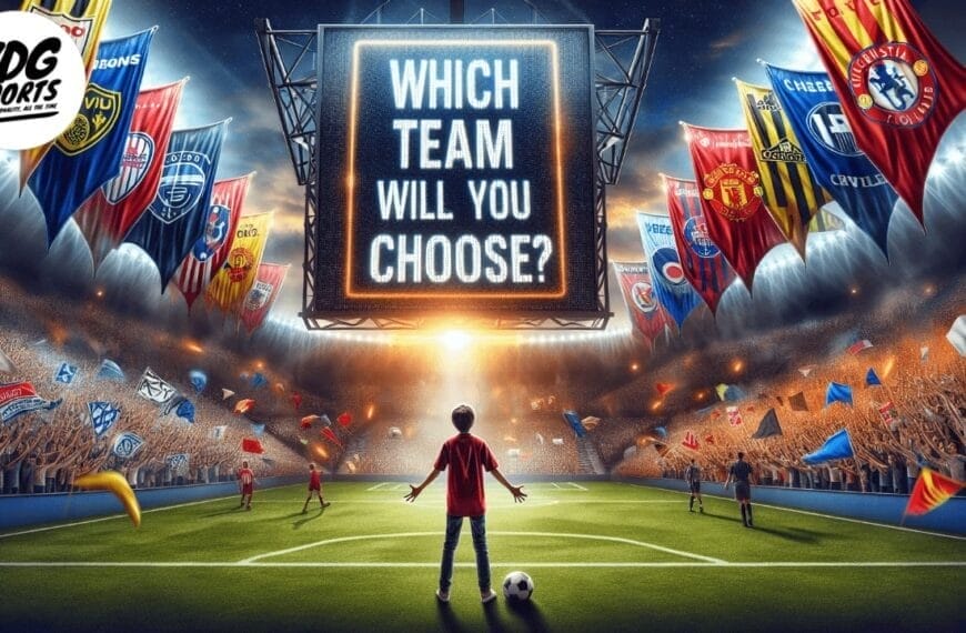 A person stands in a stadium brimming with colorful team flags, facing a large screen that reads "Which football club will you choose?" The ideal football atmosphere is vibrant and full of energy, perfectly capturing the excitement of the event.