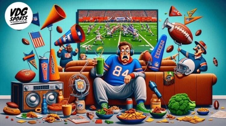 A man in a football jersey sits excitedly on a couch, surrounded by snacks, drinks, NFL gear, and team flags. He watches the game on TV as the room bursts with food, NFL items, and fan decorations, capturing intense game-day energy and passion for NFL rules.