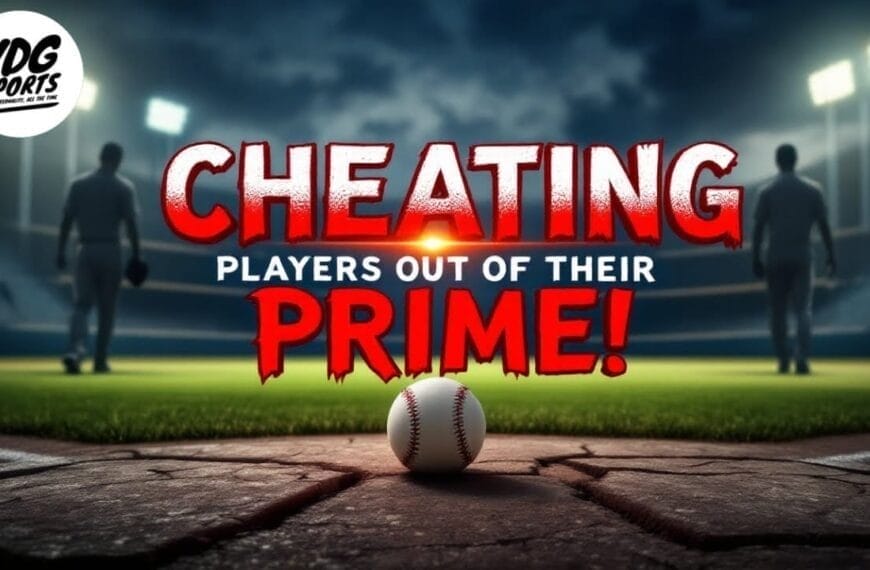 A baseball rests on a cracked surface in the foreground of a dimly lit stadium. The text "Cheating Players Out of Their Prime!" boldly cuts across, hinting at issues with MLB payroll. The VDG Sports logo graces the upper left corner, framing the scene with subtle intrigue.