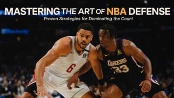Two basketball players intensely defend against each other on the court. The player in white (number 6) dribbles while the player in black and gold (Lakers jersey, number 33) showcases top-tier NBA defense. Title text above reads, "Mastering the Art of NBA Defense.