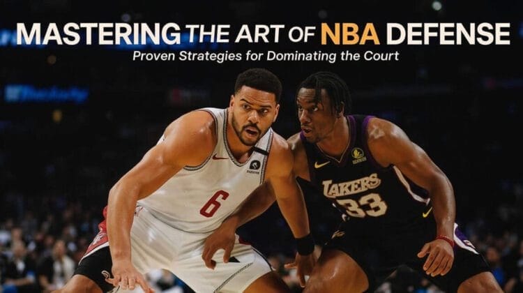 Two basketball players intensely defend against each other on the court. The player in white (number 6) dribbles while the player in black and gold (Lakers jersey, number 33) showcases top-tier NBA defense. Title text above reads, "Mastering the Art of NBA Defense.