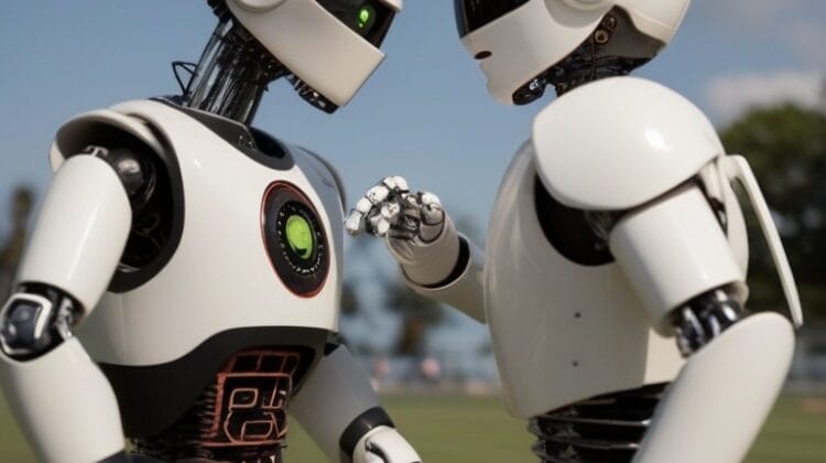 Two robots having a sports debate in a field.