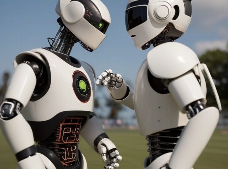 Two robots having a sports debate in a field.