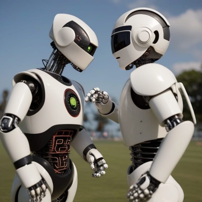 Two robots having a sports debate in a field.