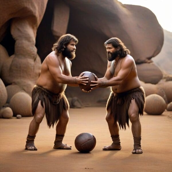 Two men in a cave playing with a ball represents the NFL reality