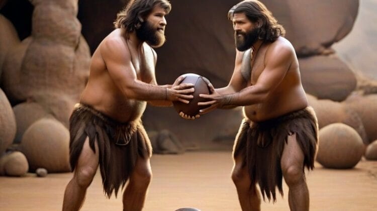 Two men in a cave playing with a ball.