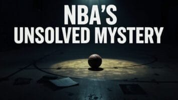 A single basketball sits in the spotlight on a dark, empty court. Large white text above reads “NBA's Unsolved Mystery,” hinting at secrets hidden in the shadows where scattered papers and a framed photo linger near the edge of the light.