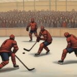 A painting capturing the reality of the NHL players on the ice.