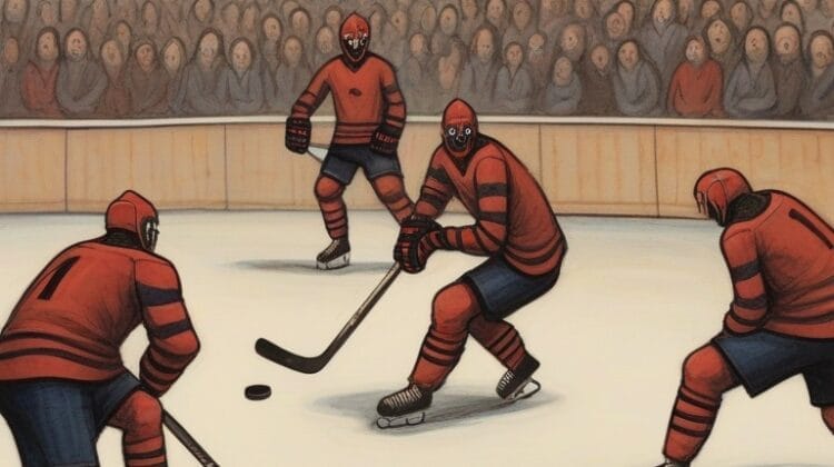 A painting capturing the reality of NHL players on the ice.