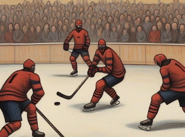 A painting capturing the reality of the NHL players on the ice.