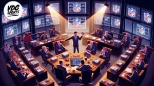 A group of people in suits sits around a large, futuristic meeting table. Multiple screens displaying the NFL logo surround the room. A person stands in the center holding a tablet, possibly coordinating an SEO deep dive into recent NFL trades using various electronic devices on the tables.