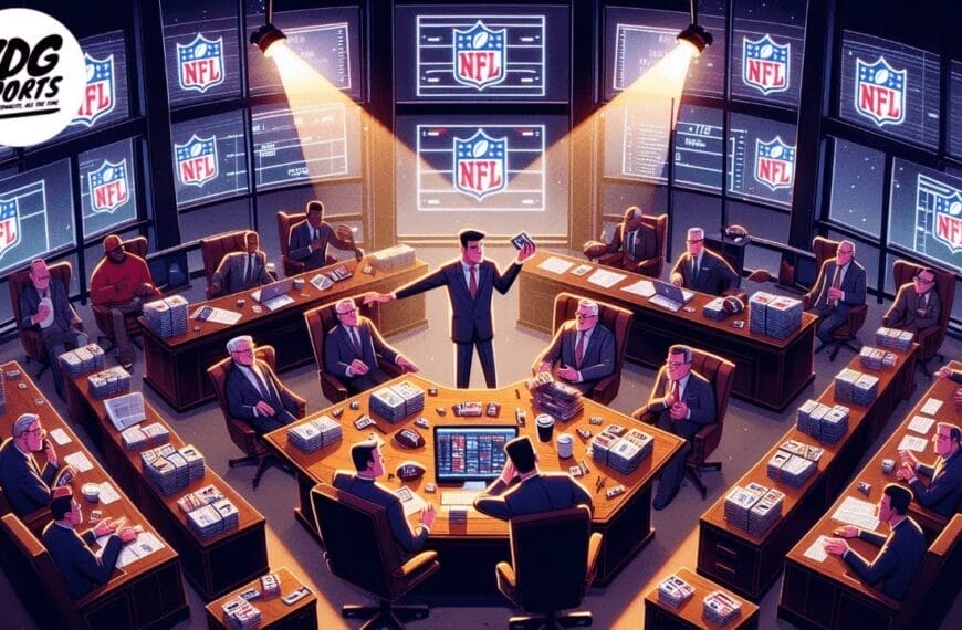 A group of people in suits sits around a large, futuristic meeting table. Multiple screens displaying the NFL logo surround the room. A person stands in the center holding a tablet, possibly coordinating an SEO deep dive into recent NFL trades using various electronic devices on the tables.