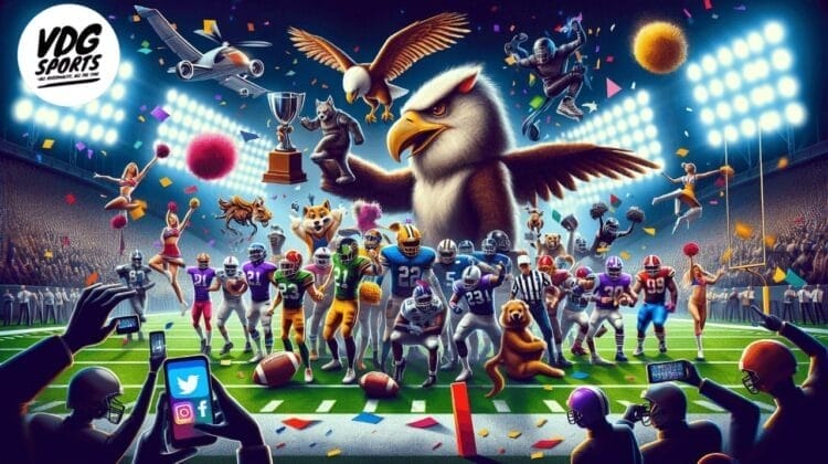 A colorful illustration of football players from various teams standing on a field under stadium lights embodies NFL strategy. An eagle and other animals hold a trophy, with confetti around. Spectators in the background capture the moment with phones displaying social media icons.