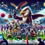 A colorful, surreal illustration of various animals and people in sports gear on a football field. A giant eagle holds a trophy in the center, celebrating NFL's success. Mascots and fans surround it, with stadium lights glowing in the background. Logos and social media icons are in the corner.