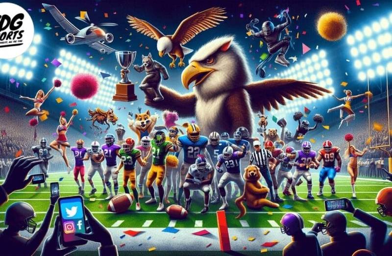 A colorful, surreal illustration of various animals and people in sports gear on a football field. A giant eagle holds a trophy in the center, celebrating NFL's success. Mascots and fans surround it, with stadium lights glowing in the background. Logos and social media icons are in the corner.