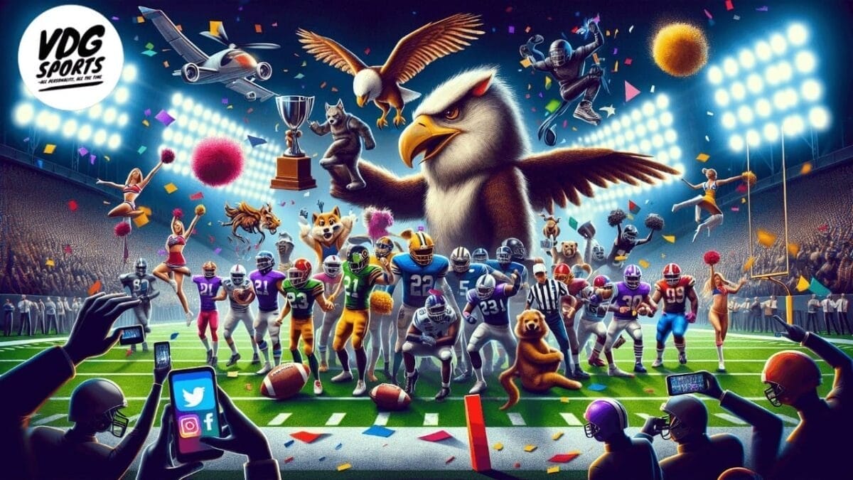 A colorful, surreal illustration of various animals and people in sports gear on a football field. A giant eagle holds a trophy in the center, celebrating NFL's success. Mascots and fans surround it, with stadium lights glowing in the background. Logos and social media icons are in the corner.