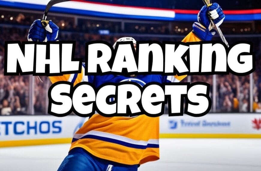 A hockey player in a yellow and blue jersey celebrates on the ice with "NHL RANKING SECRETS" in bold text over the image, emphasizing key aspects of NHL strategy.