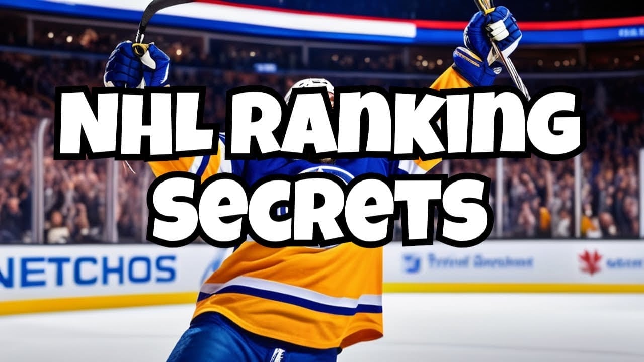 A hockey player in a yellow and blue jersey celebrates on the ice with "NHL RANKING SECRETS" in bold text over the image, emphasizing key aspects of NHL strategy.