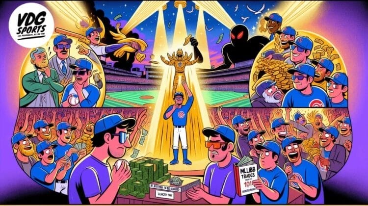 A baseball player stands on a podium as fans cheer. Surrounding scenes depict MLB trades, with various players, money, and trading activities creating an electric atmosphere.