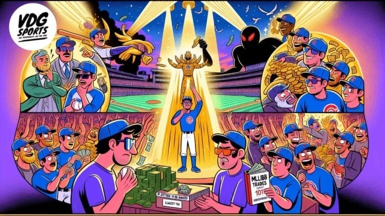 A baseball player stands on a podium as fans cheer. Surrounding scenes depict MLB trades, with various players, money, and trading activities creating an electric atmosphere.