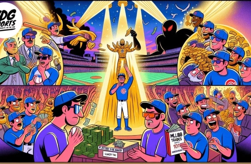 A baseball player stands on a podium as fans cheer. Surrounding scenes depict MLB trades, with various players, money, and trading activities creating an electric atmosphere.