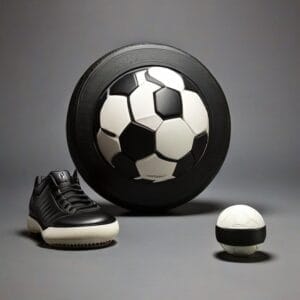 A pair of shoes and a soccer ball are on a grey surface. Overtake NHL