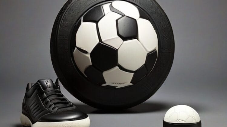 A pair of shoes and a soccer ball are on a grey surface.